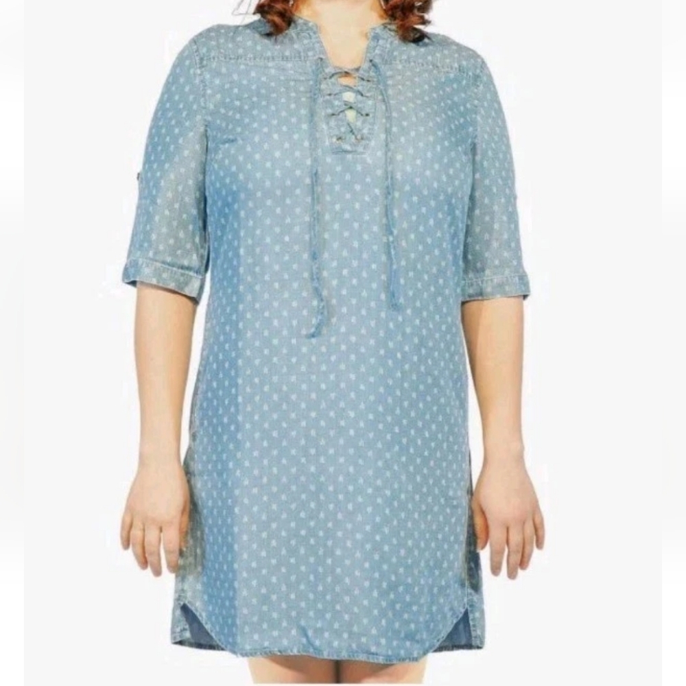 Philosophy Tunic Shirt Dress Woman Large Blue Raindrop Print Tencel Lace Up Nwt